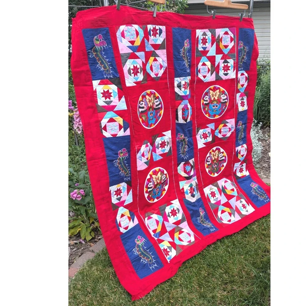 Vintage Chinese Patchwork Quilt Tapestry Red Panda Butterfly Embroidery 54x58